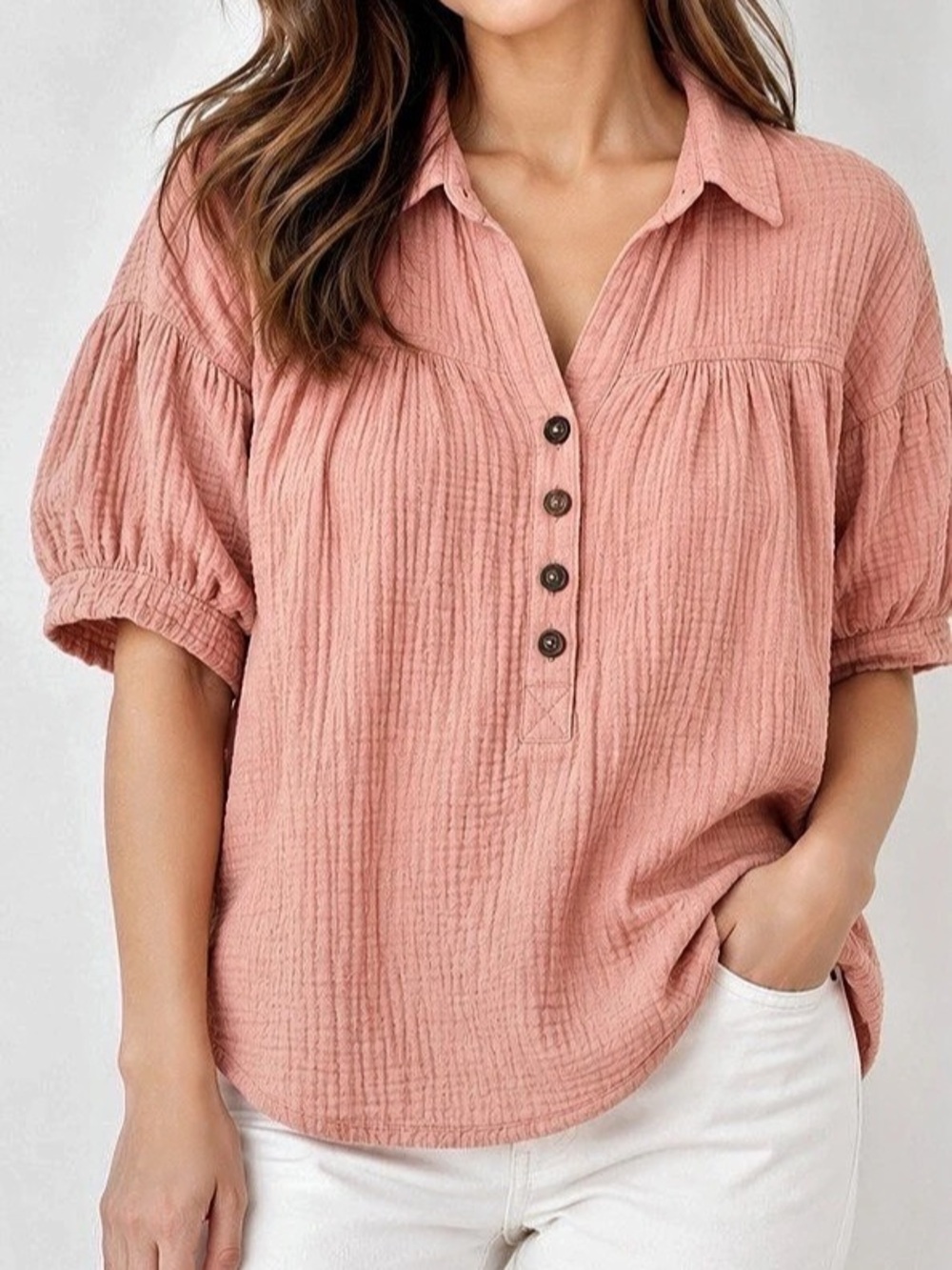 Easel Short Sleeve Button Down Top Pink